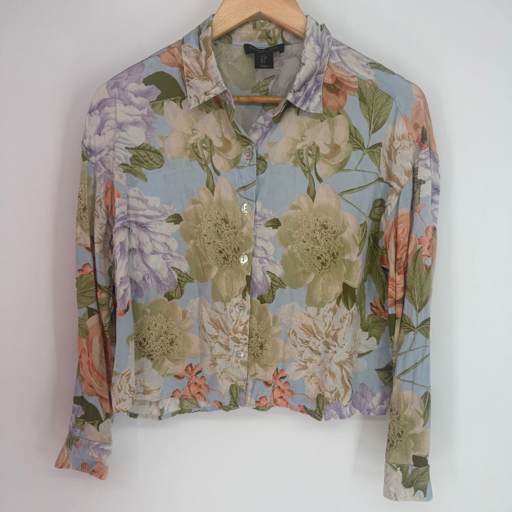 Rachel Zoe 100% Silk Floral Button Down Blouse Mother of Pearl/Shell Buttons S
